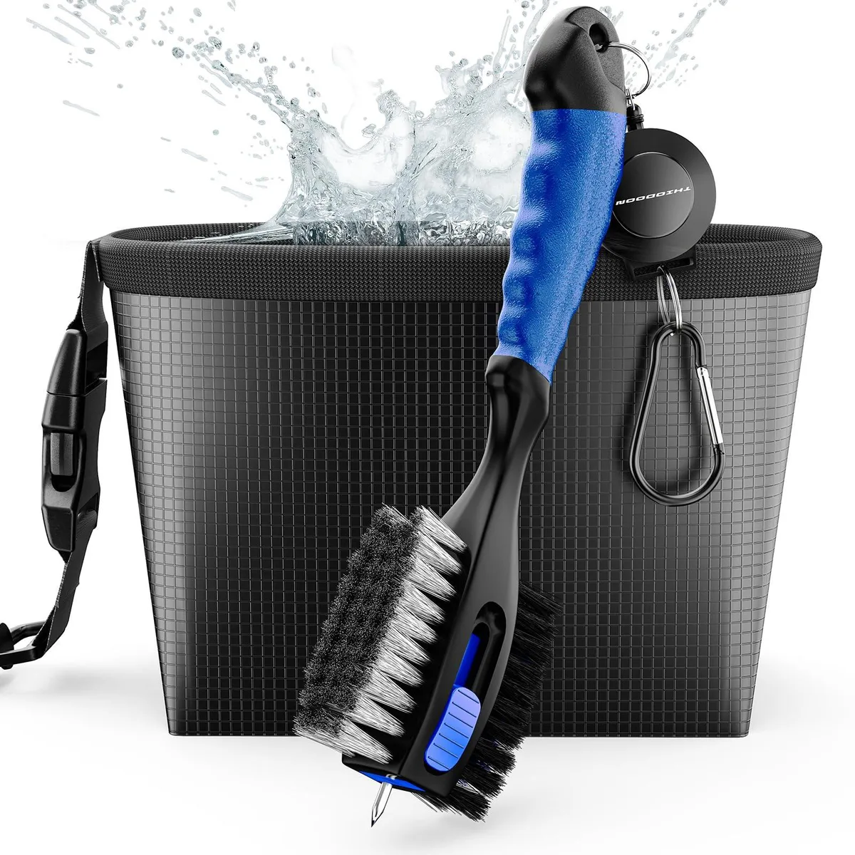 Two-piece golf cleaning kit with brush and water pouch, ABS handle, retractable spike, carabiner clip