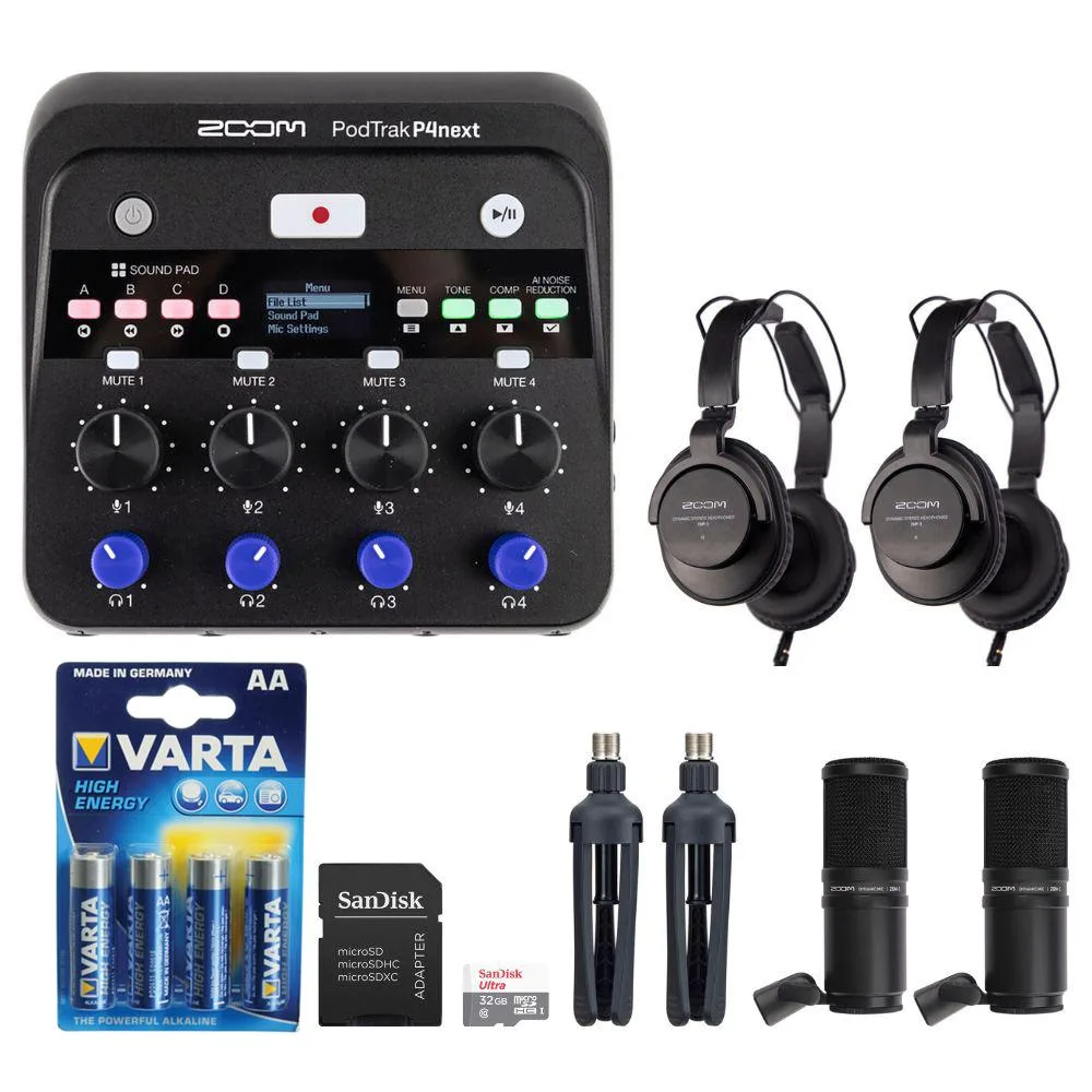 Zoom Zoom PodTrak P4next Bundle with 32GB microSD, Varta Batteries, ZDM-1 Mic Pack, Stands — product photo