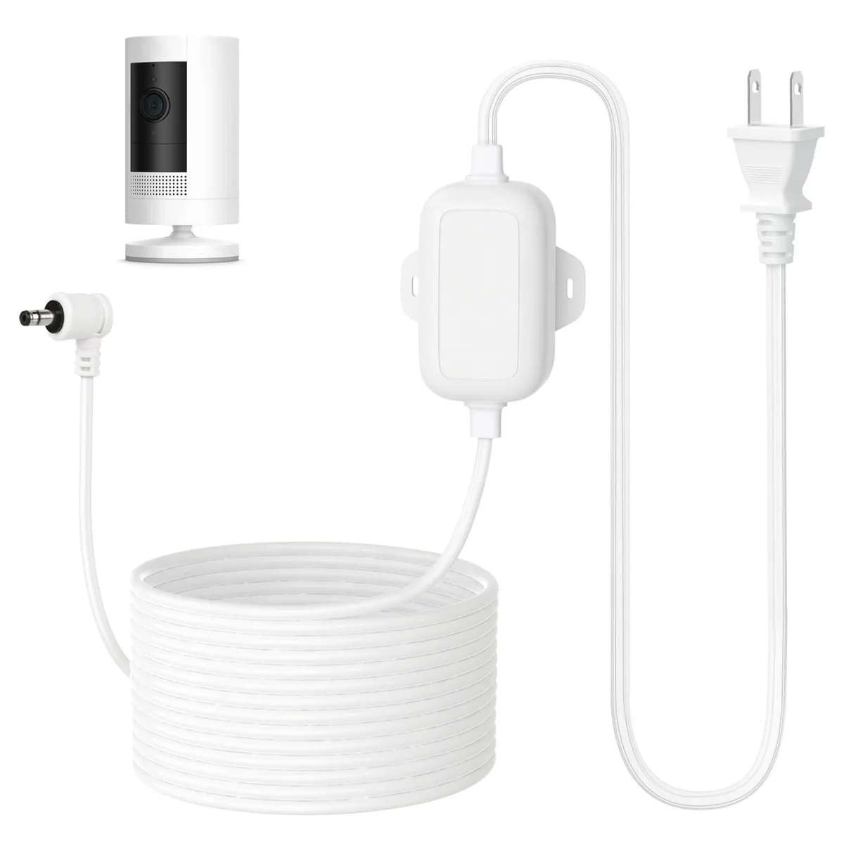 White 25 ft weather-resistant barrel-plug camera cable, female-to-female, coiled