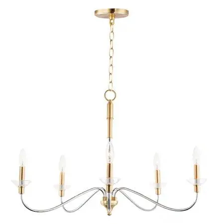 Five-light chandelier in polished chrome and satin brass with glass bobeches