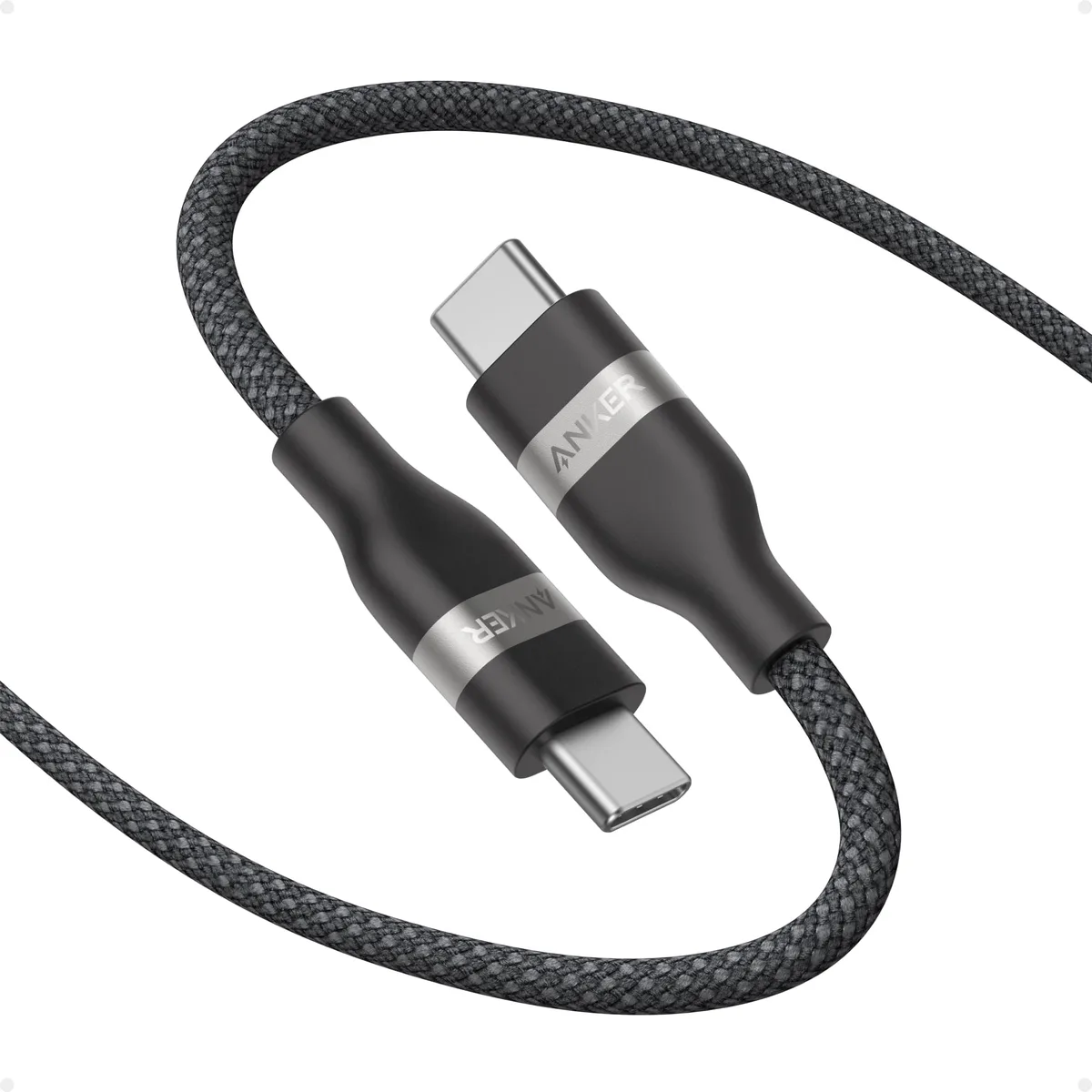 Short black USB-C to USB-C cable with braided finish, male connectors both ends, one foot long
