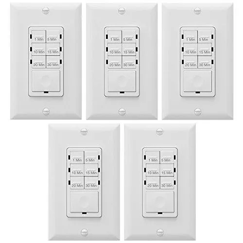 White in-wall timer switch with six preset buttons and blue LED indicator