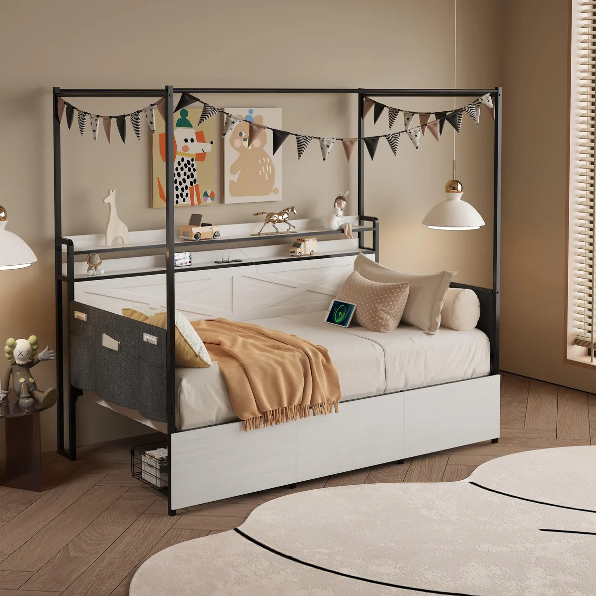 tuphen tuphen Twin Daybed with 3 Drawers, LED & Charging, White — product photo