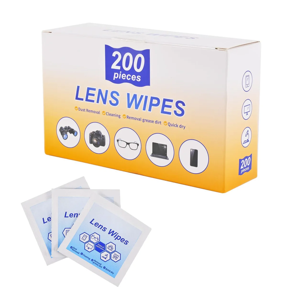 White rectangular box containing 200 individually wrapped lens wipes