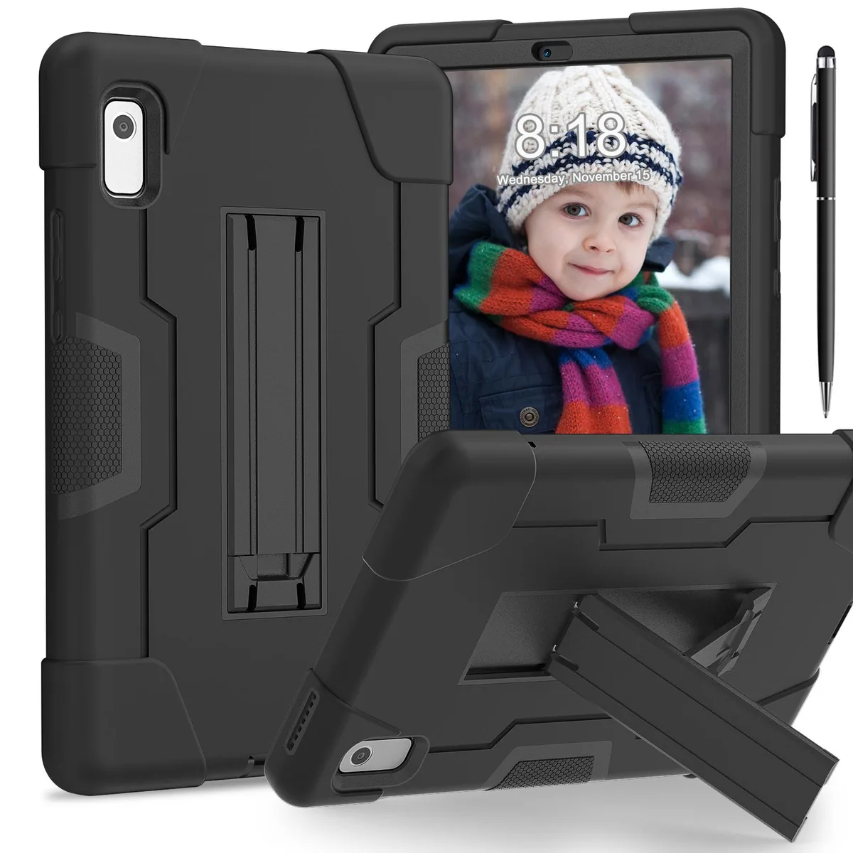 Black protective case for Lenovo Tab M9 with kickstand and stylus pen