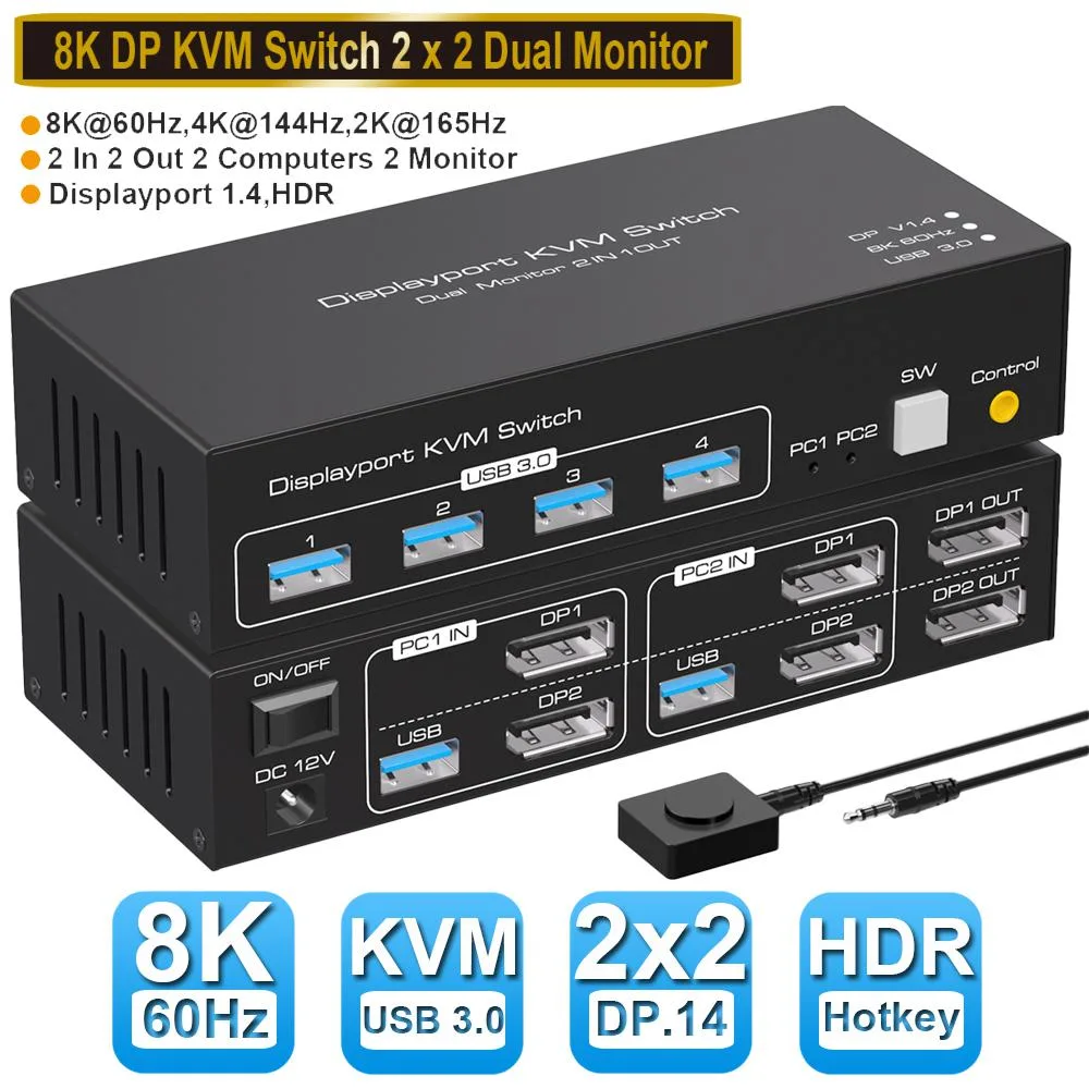 SMA SMA Dual Monitor DisplayPort 1.4 KVM Switch 2x2 8K@60Hz USB 3.0 — product photo