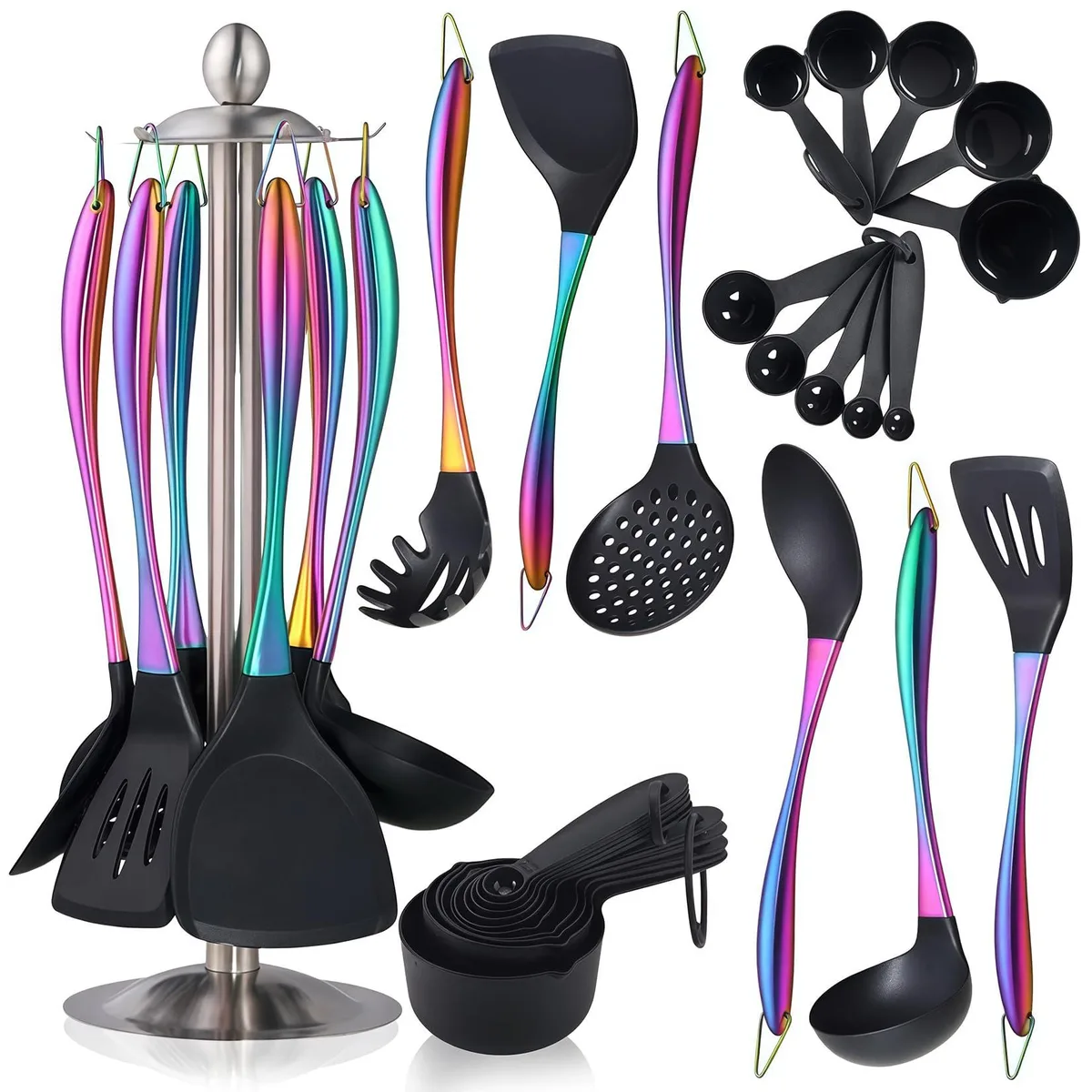 Seventeen rainbow silicone utensils with stainless steel handles in a rotatable countertop holder