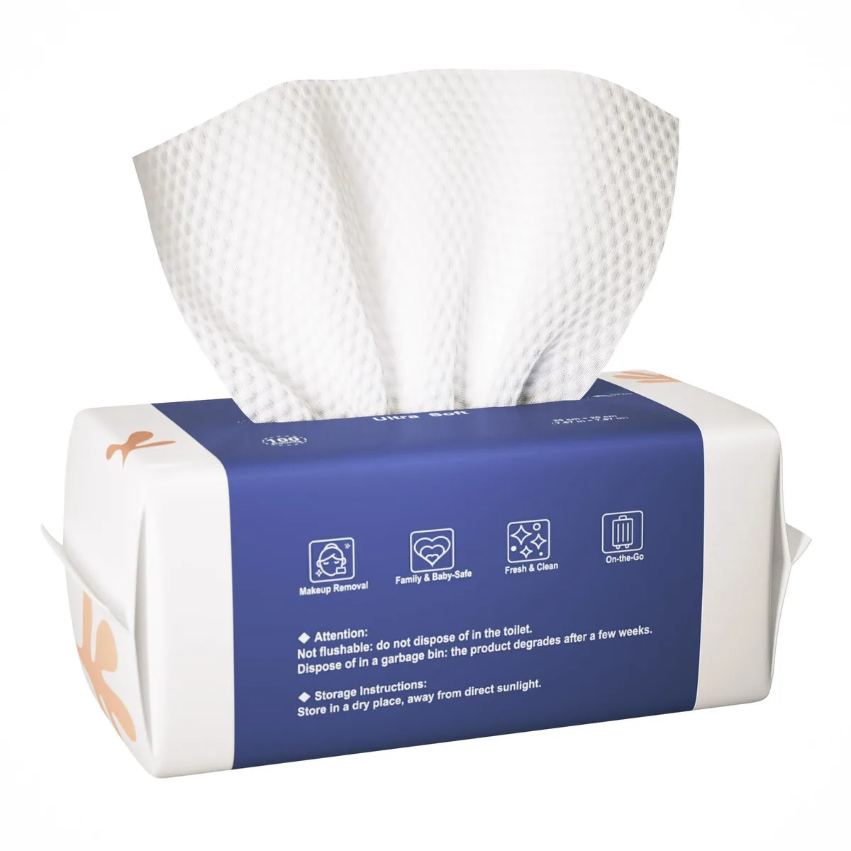 Stack of 100 white disposable face towels in rectangular pack, 7.8 inch square sheets