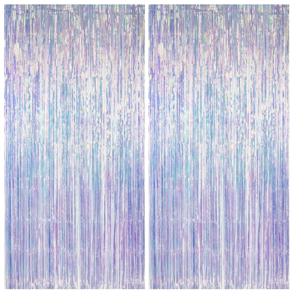 Two iridescent tinsel backdrop curtains each 40 by 60 inches with adhesive backing
