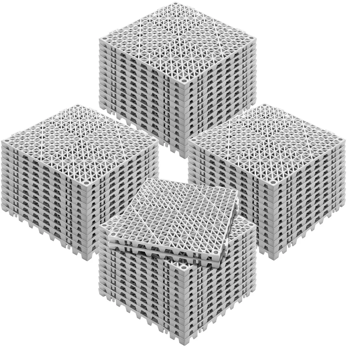 Gray interlocking PVC drainage tiles, 12-inch square with raised support pins, 50 pieces shown