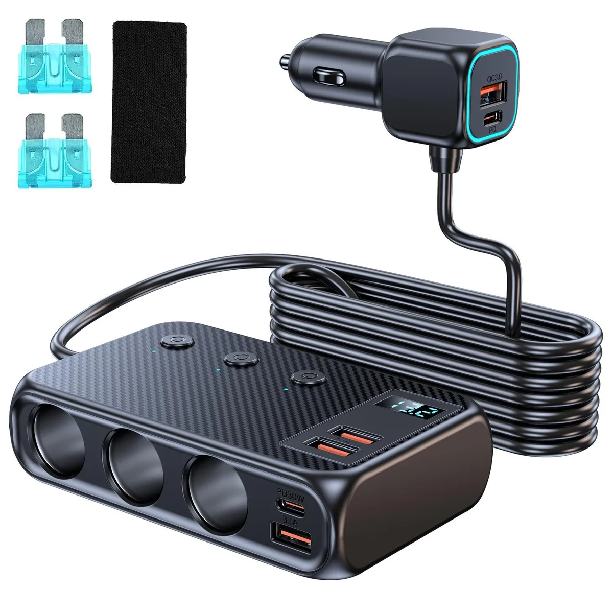 Werleo Werleo 9 in 1 Car Cigarette Lighter Adapter Splitter 12V 24V 171W 30W PD QC3.0 Black — product photo