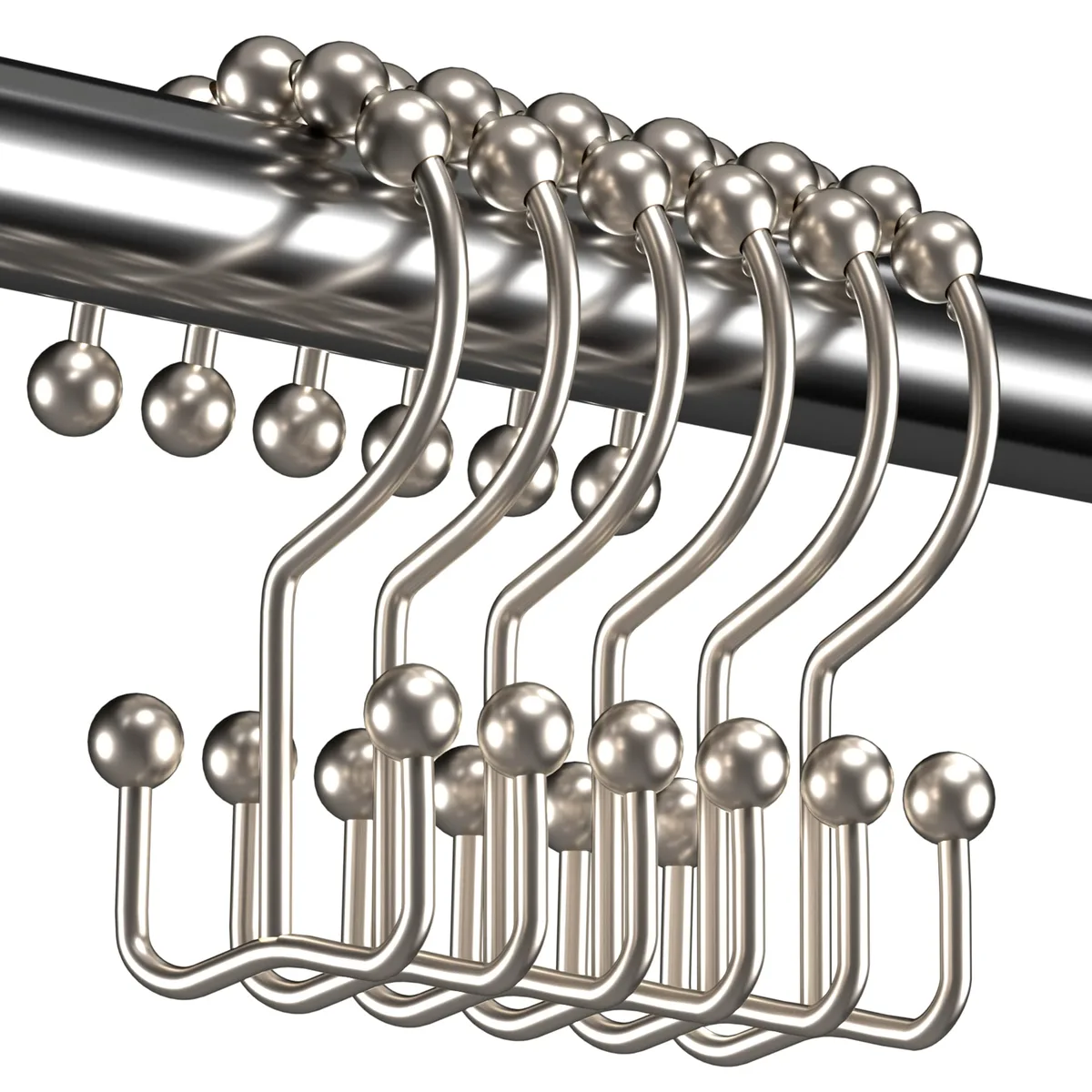 Twelve nickel-finished metal shower curtain hooks with double roller glides