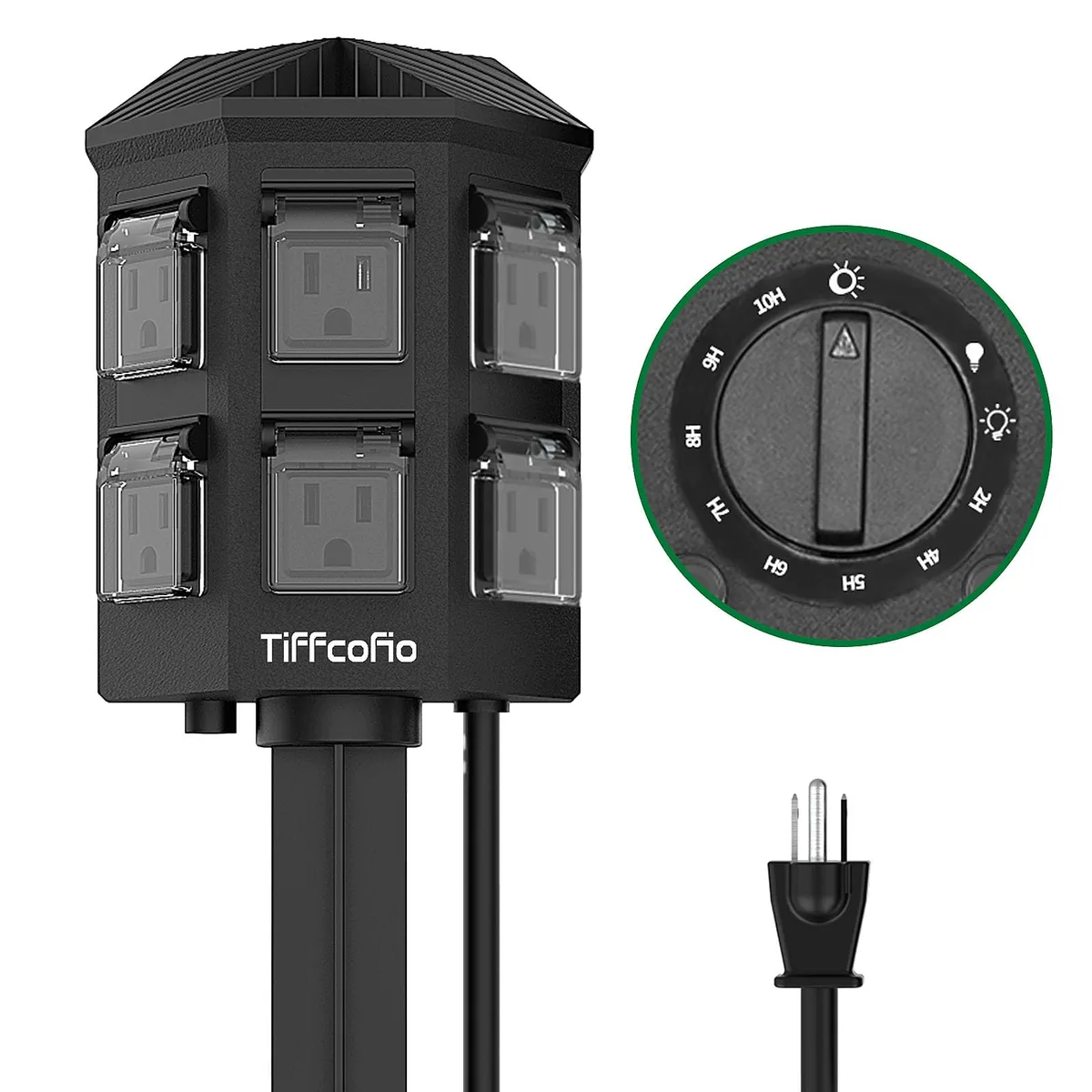 Black outdoor timer strip with six grounded outlets and a six-foot cord