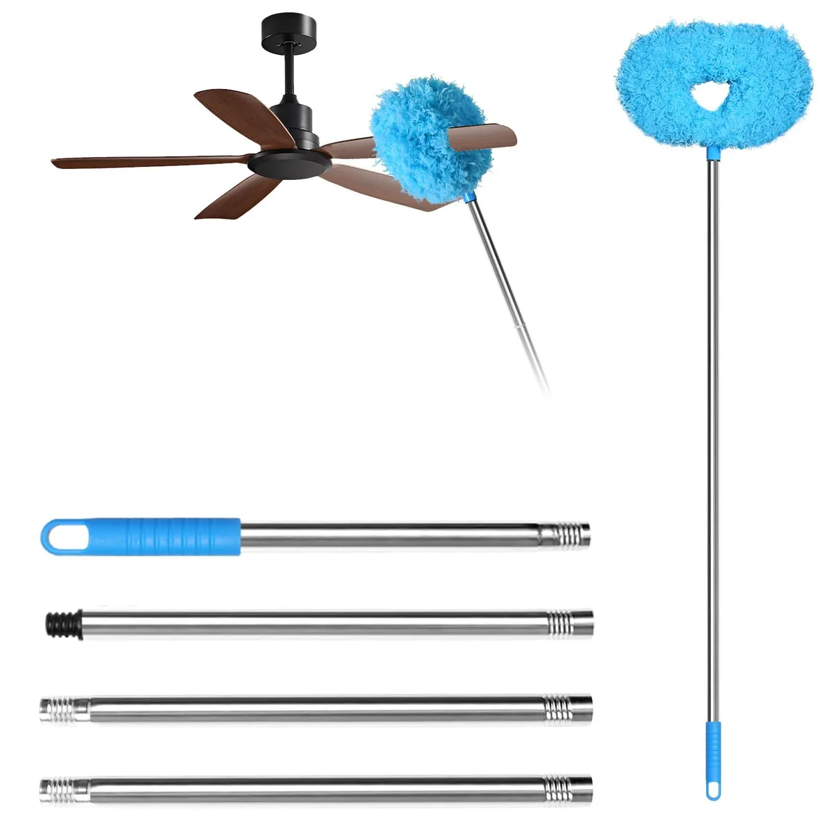 Blue extendable duster with microfiber head and four-section pole