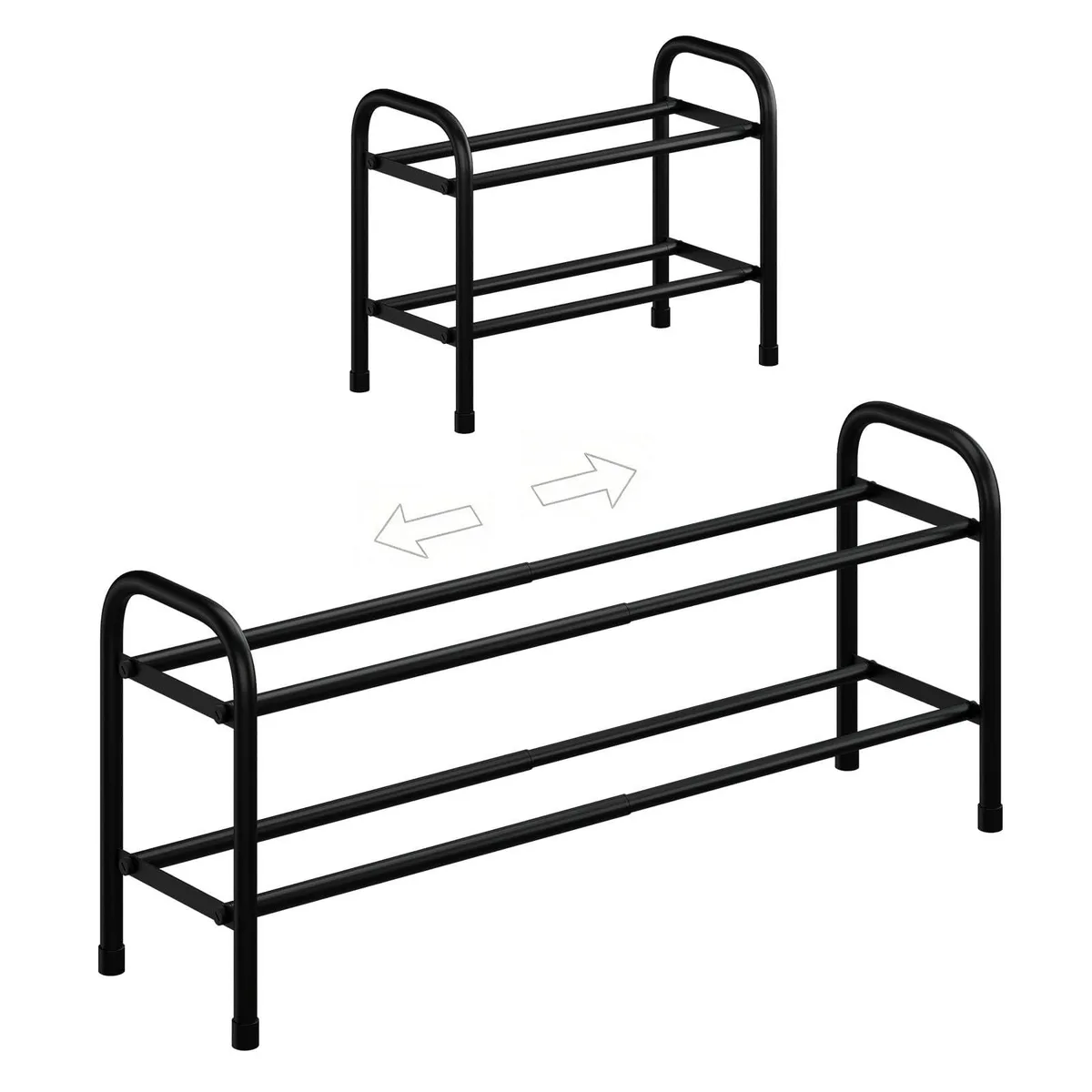 Black metal two-tier shoe rack with adjustable width 18 to 33 inches