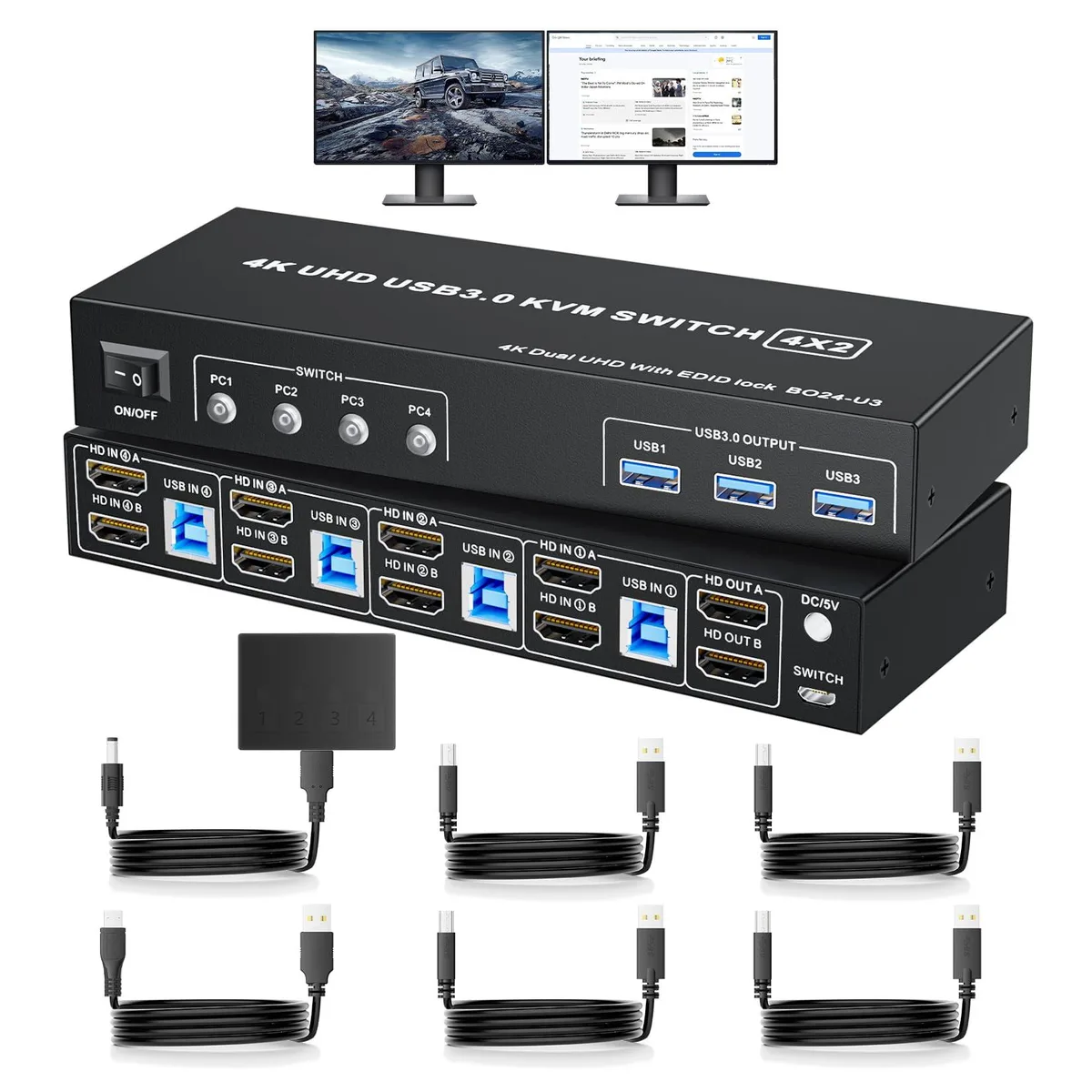 Small black box with push buttons and multiple HDMI and USB ports