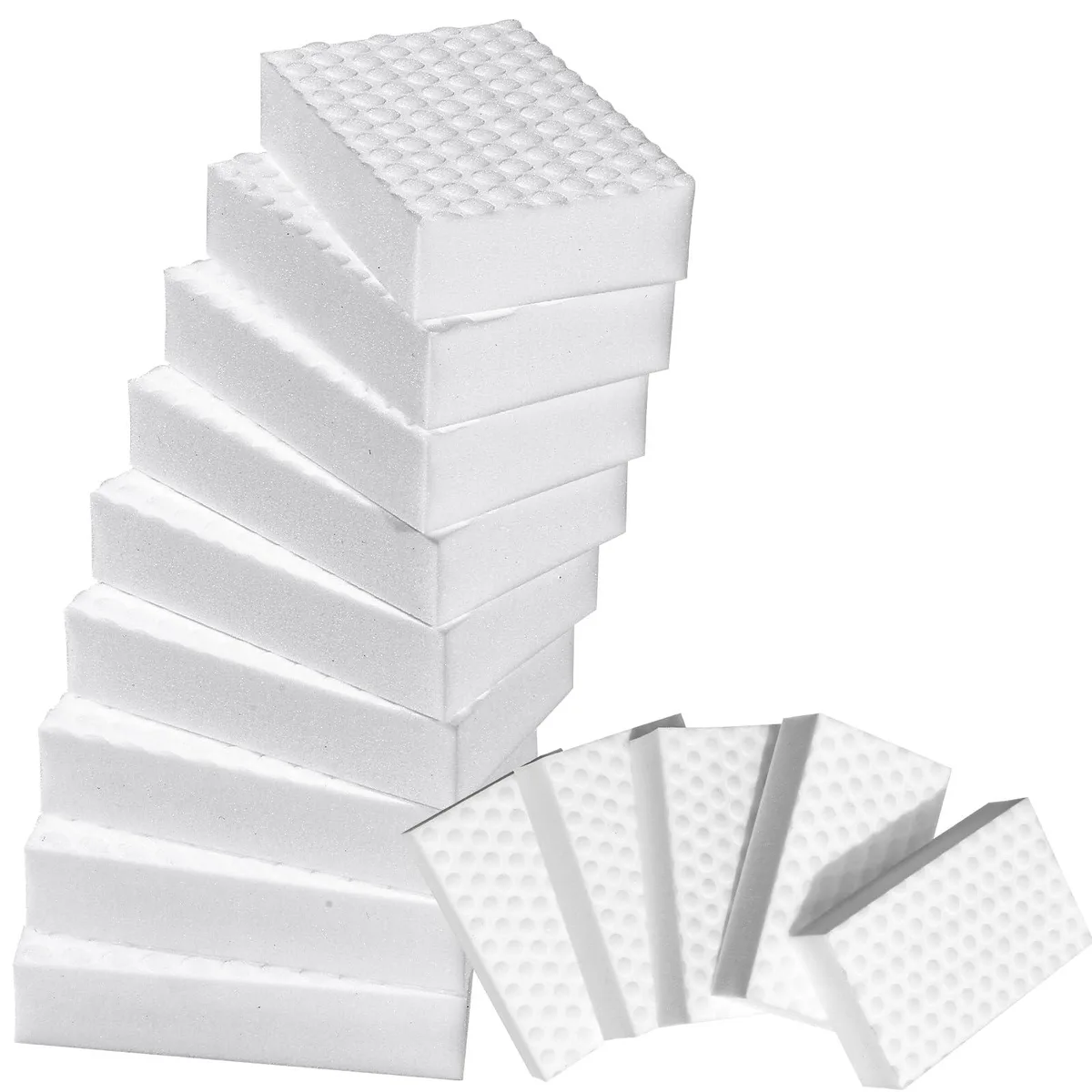 Ten white rectangular melamine foam sponges in a clear pack