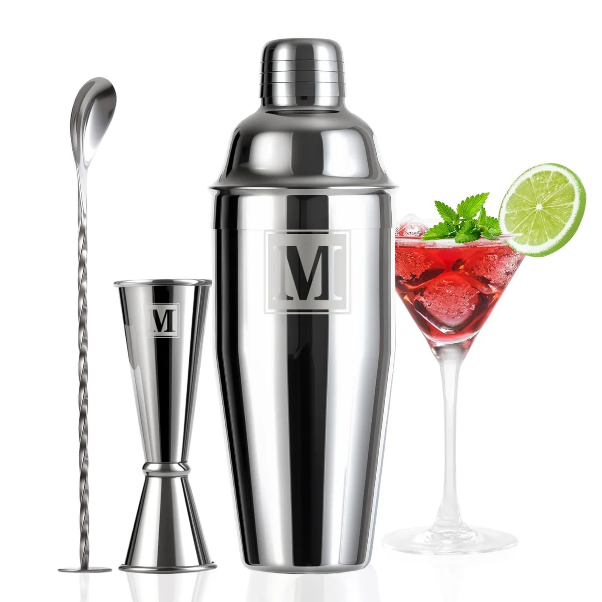 Three-piece stainless steel bar set with shaker, jigger and spoon, mirror finish, monogrammed initials