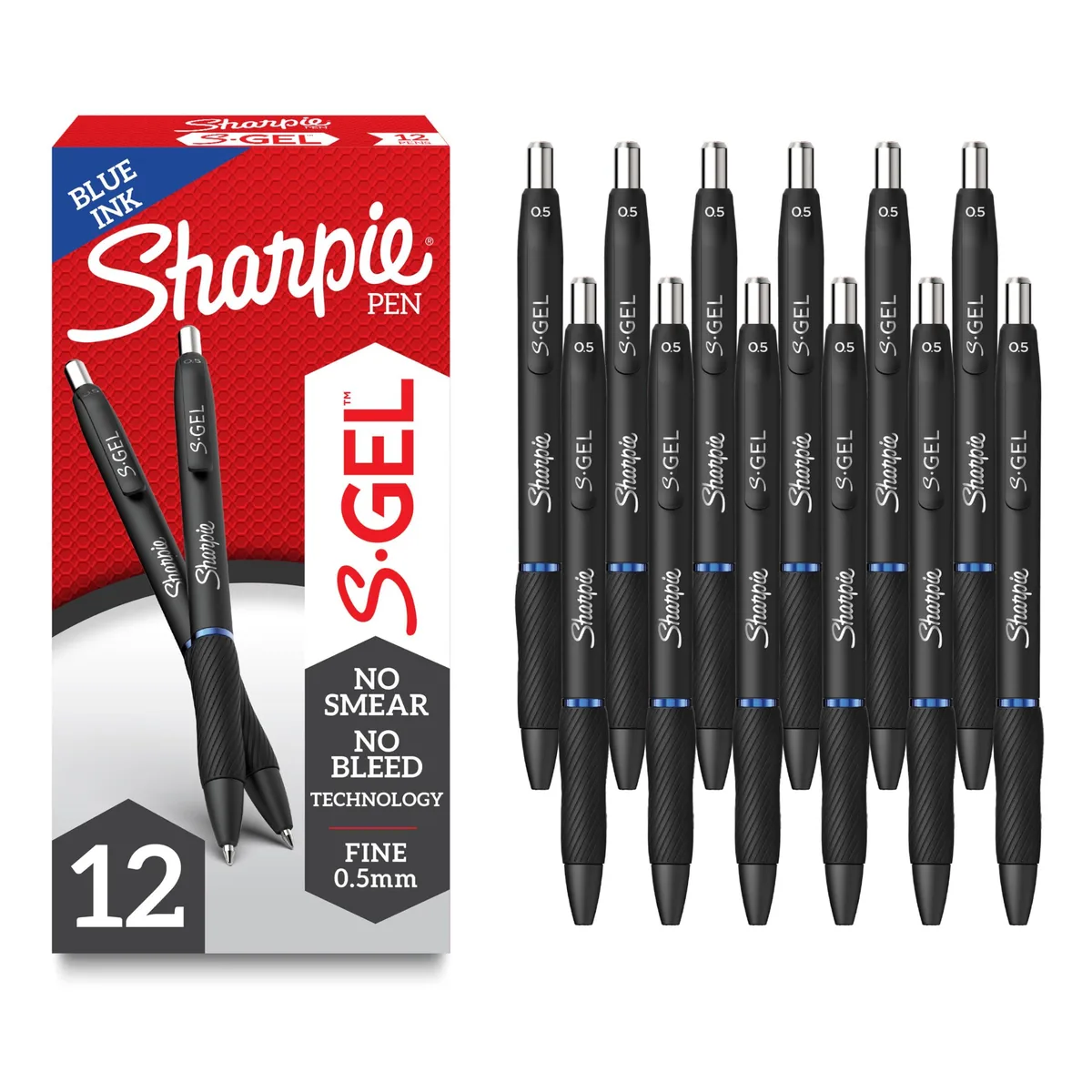 Twelve blue retractable gel pens with rubber grip, fine 0.5 mm point