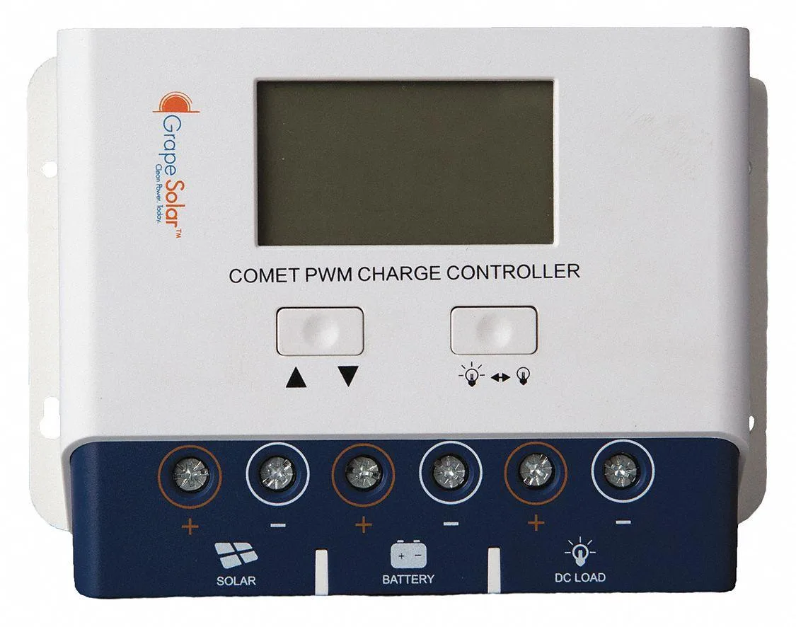 Rectangular grey charge controller with LCD screen