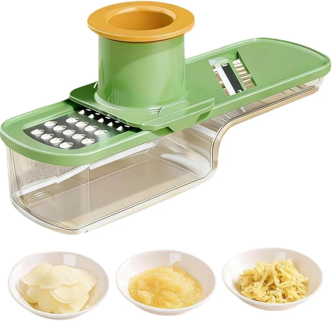 Compact 3-in-1 mandoline slicer with transparent container and hand guard