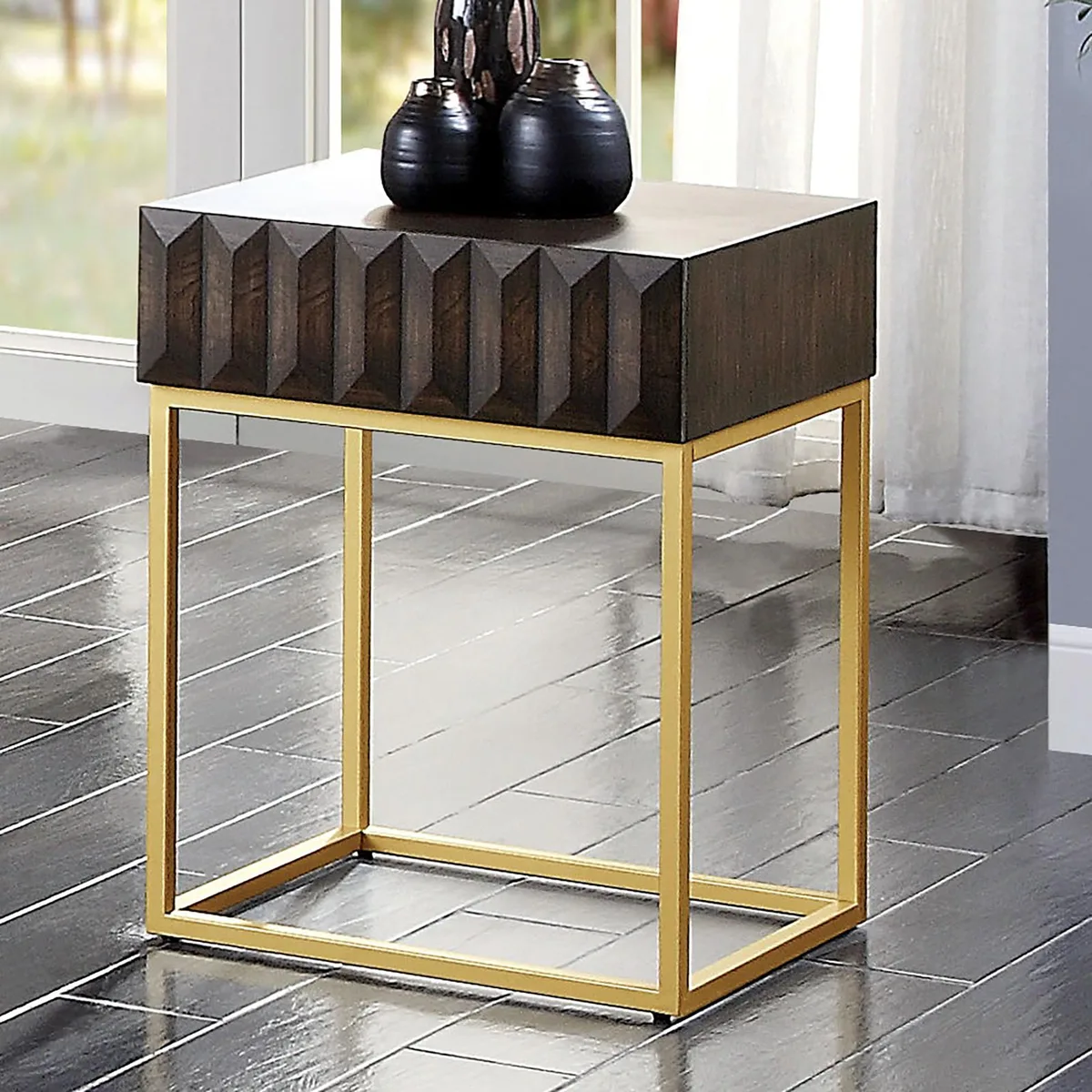 tuphen tuphen Contemporary Side Table Walnut Gold Concealed Drawers Ball Bearing Glides — product photo