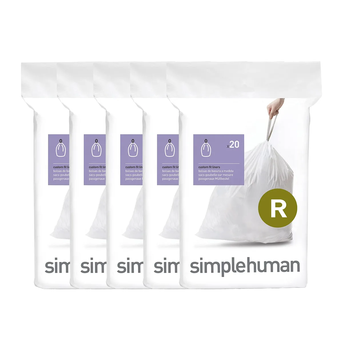 A white pack of 100 custom-fit 10L trash liners with drawstring closure