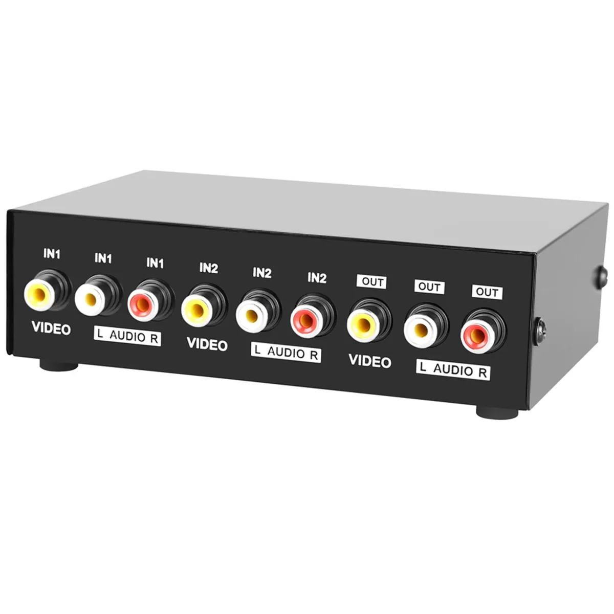 Black metal box with two RCA inputs and one output, push-button switch on top