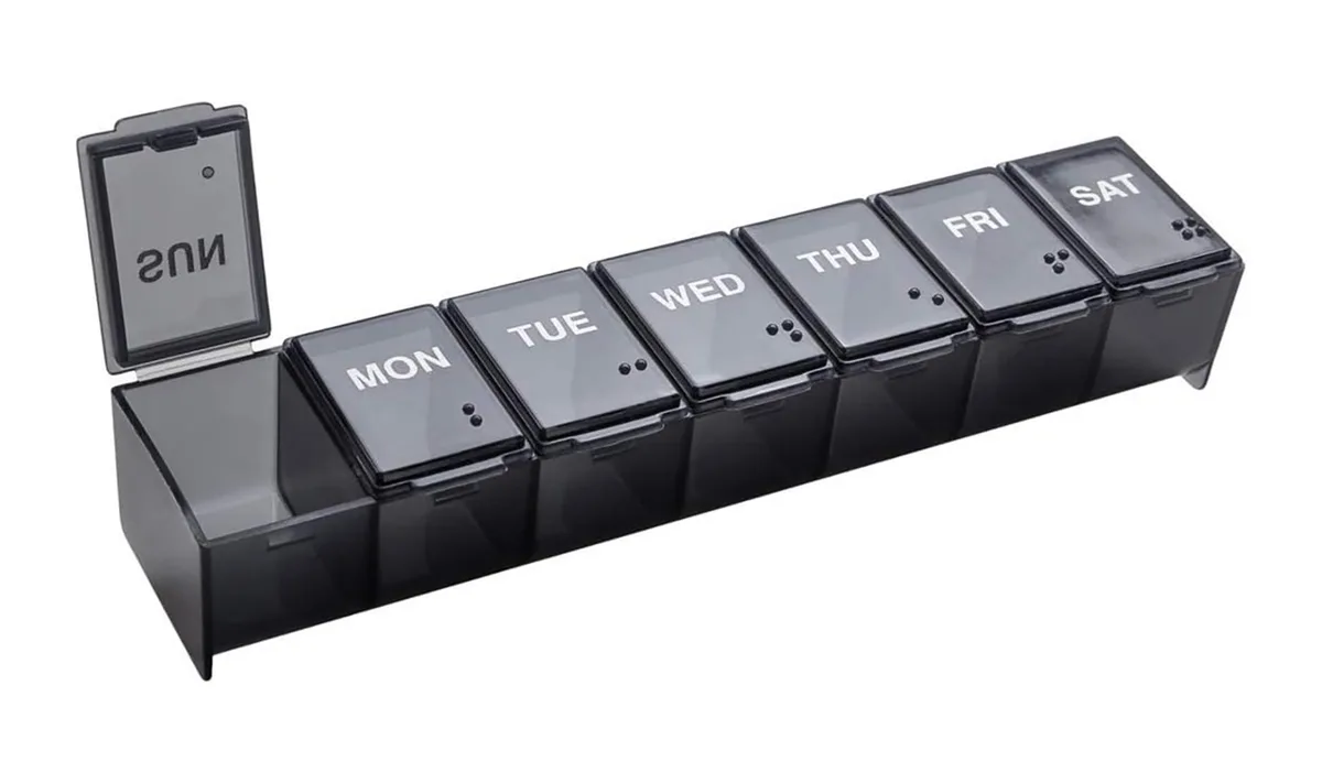  EZY DOSE Weekly Pill Organizer Large Black 6"x1.3"x0.9" 22 tablets — product photo