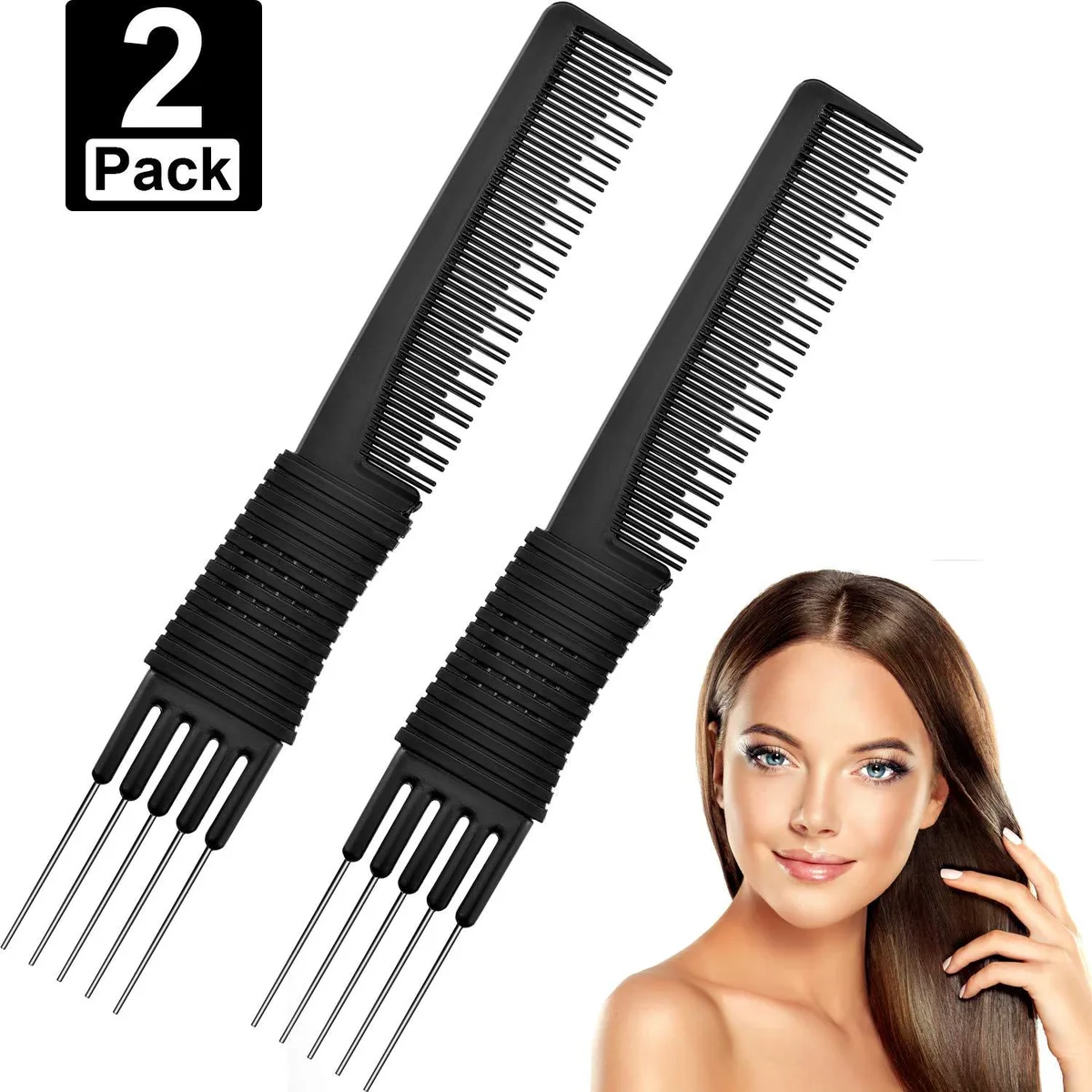 Two black carbon-fibre tail combs 23 cm long with five metal pins