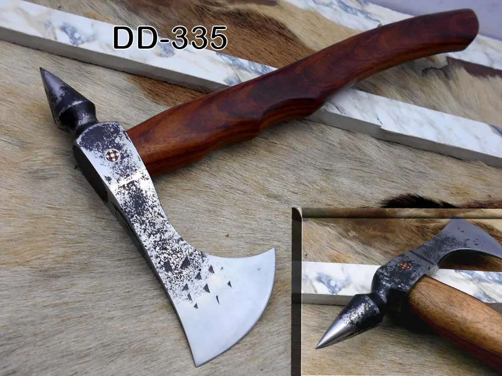 Damascus Depot Damascus Depot Tomahawk Axe 15 Inches Hand Forged Carbon Steel Rose Wood Handle Leather Sheath — product photo