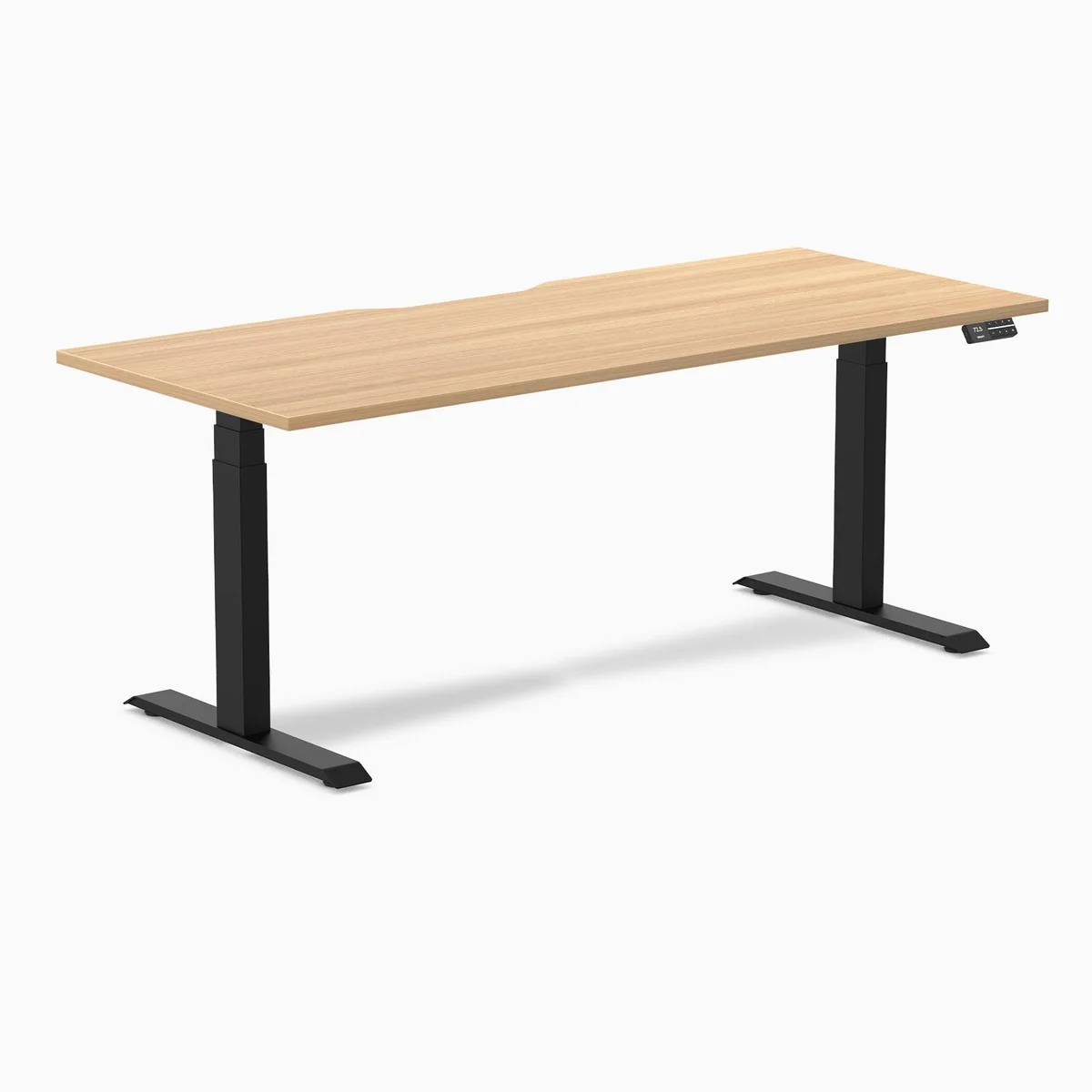 Desky Desky Dual Scalloped Laminate Sit Stand Desk Sublime Teak Matte Black 70.9 x 29.5 in — product photo