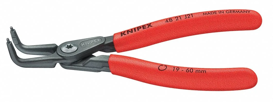 Grey 6-3/4 inch internal circlip pliers with plastic grips and angled tips