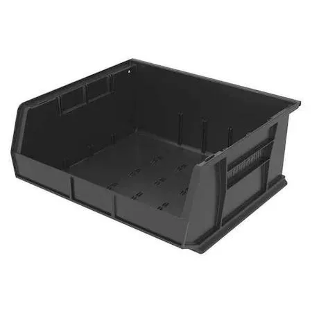 Black plastic hang-and-stack storage bin with label slots and divider channels