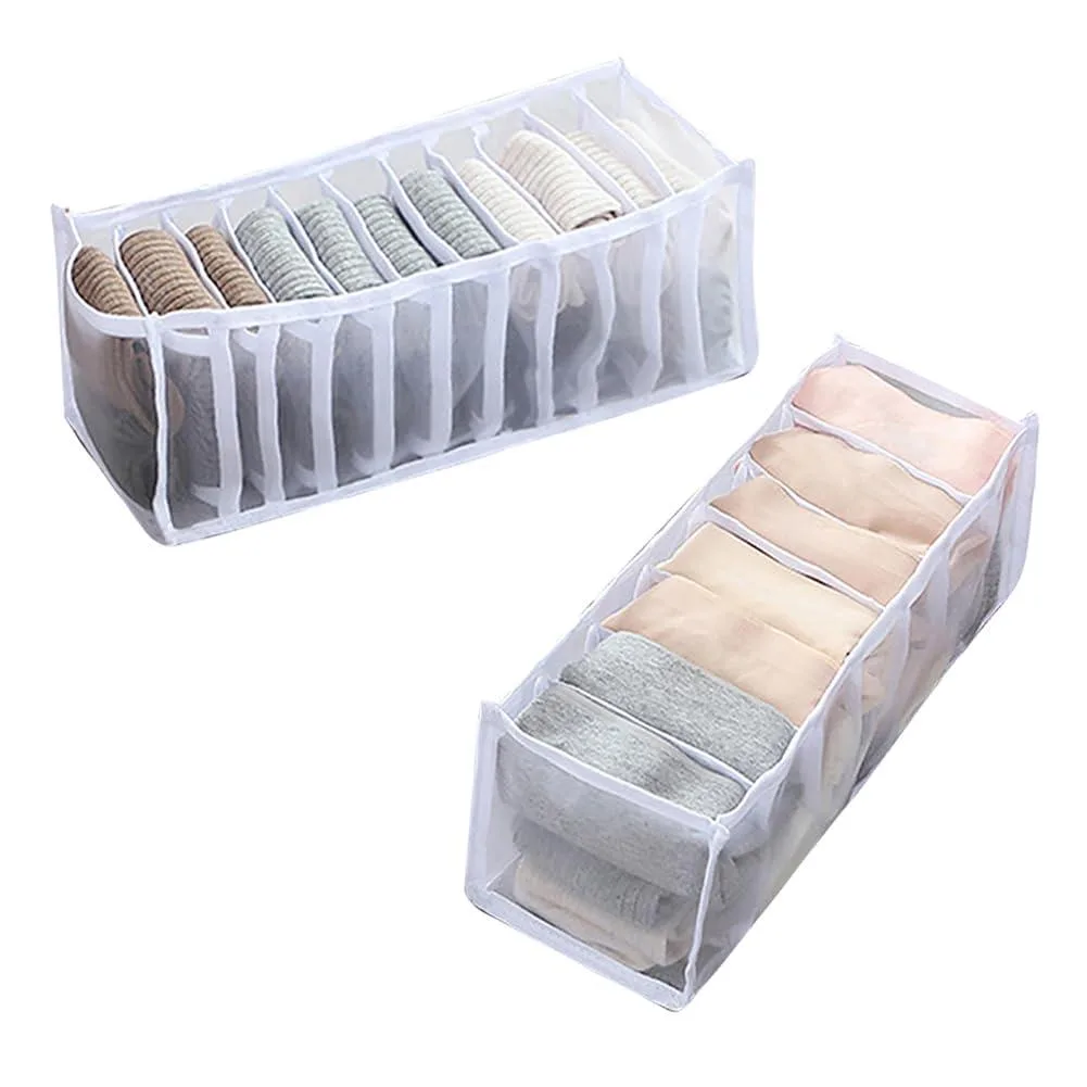 Two white mesh drawer organisers with eleven and seven grid compartments