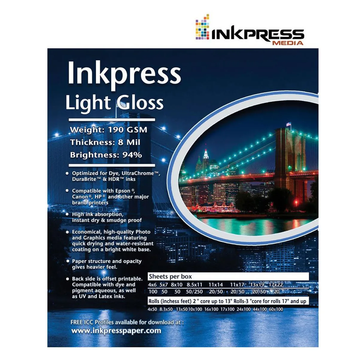Inkpress Inkpress Light Gloss Inkjet Photo Paper 190gsm 24in 100ft Roll — product photo
