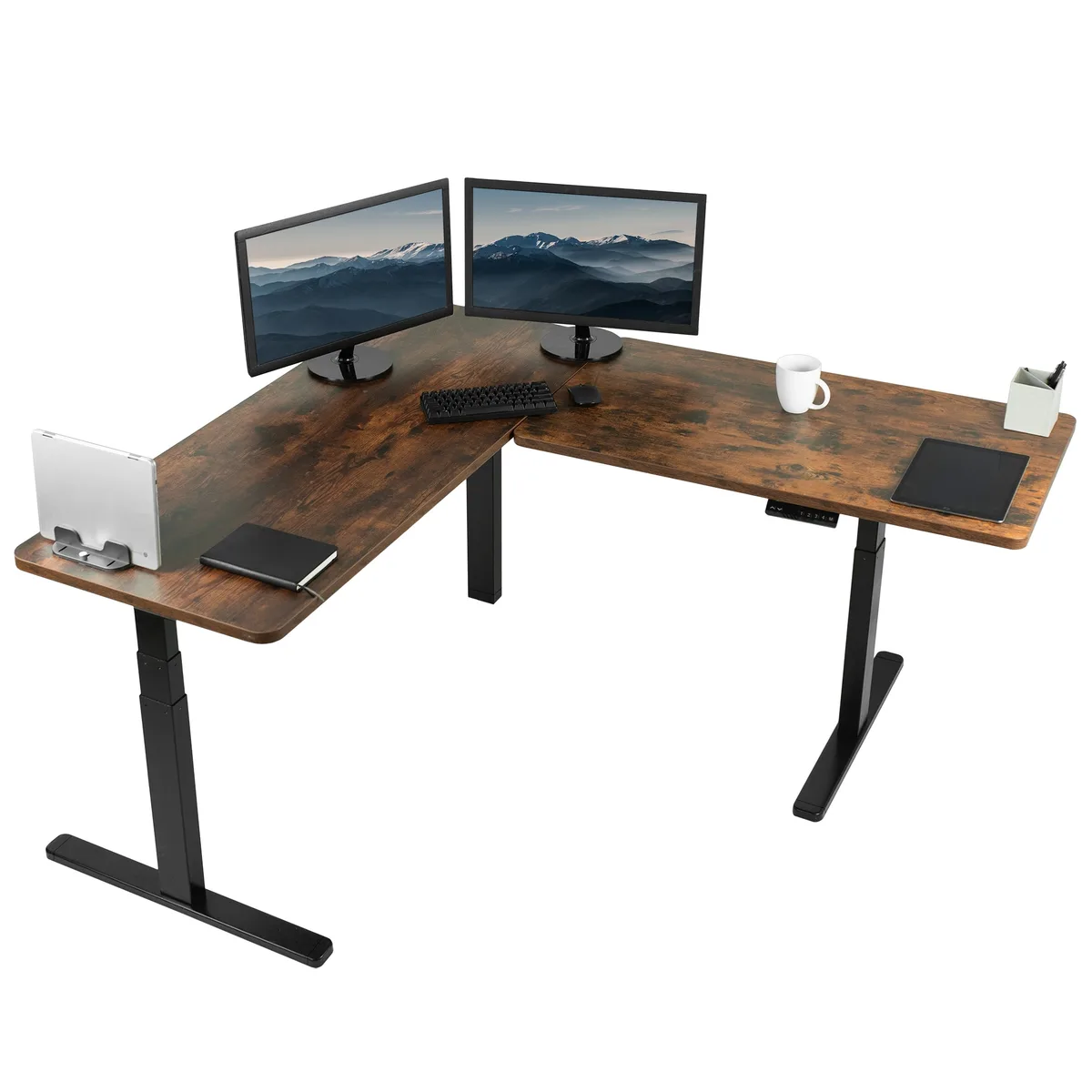 VIVO VIVO Electric L-Shape Corner Desk 67x60 Vintage Brown/Black — product photo