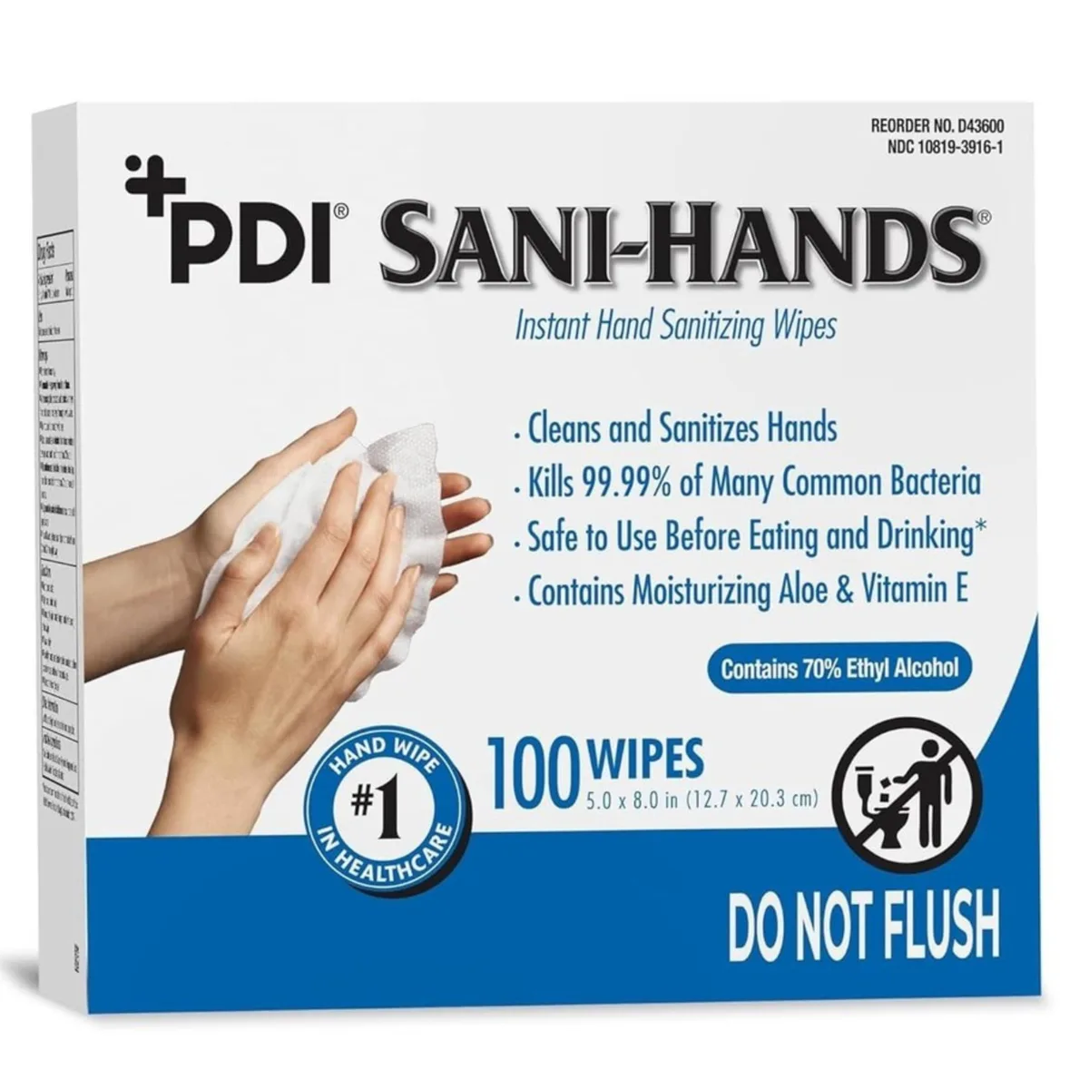 White cardboard box containing one hundred individually wrapped sanitising wipes