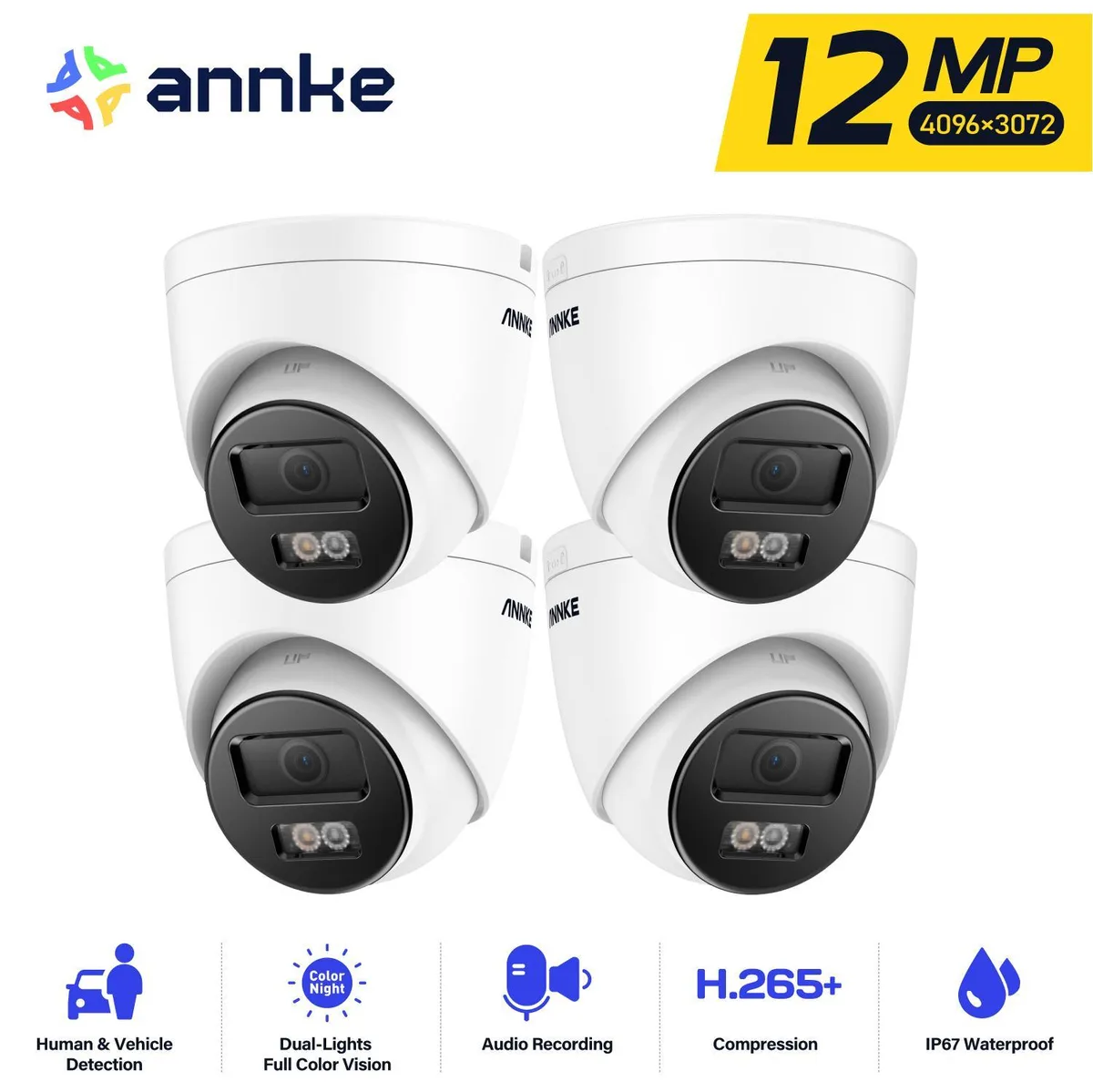 White dome security camera with four wide-angle lenses and built-in spotlight, IP67 weatherproof housing