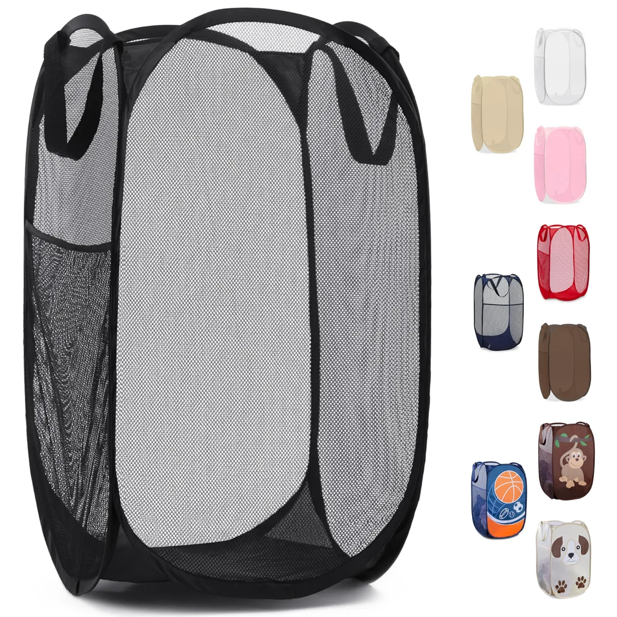 Black collapsible mesh pop-up hamper with side pocket, folded flat