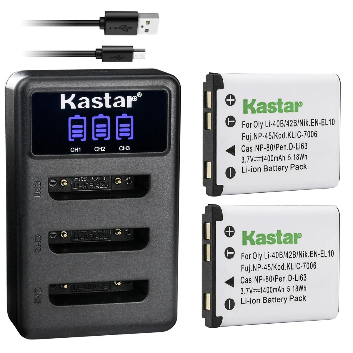 Kastar Kastar LED3 2×1400 mAh Li-Ion batteries &amp; LCD triple USB charger — product photo
