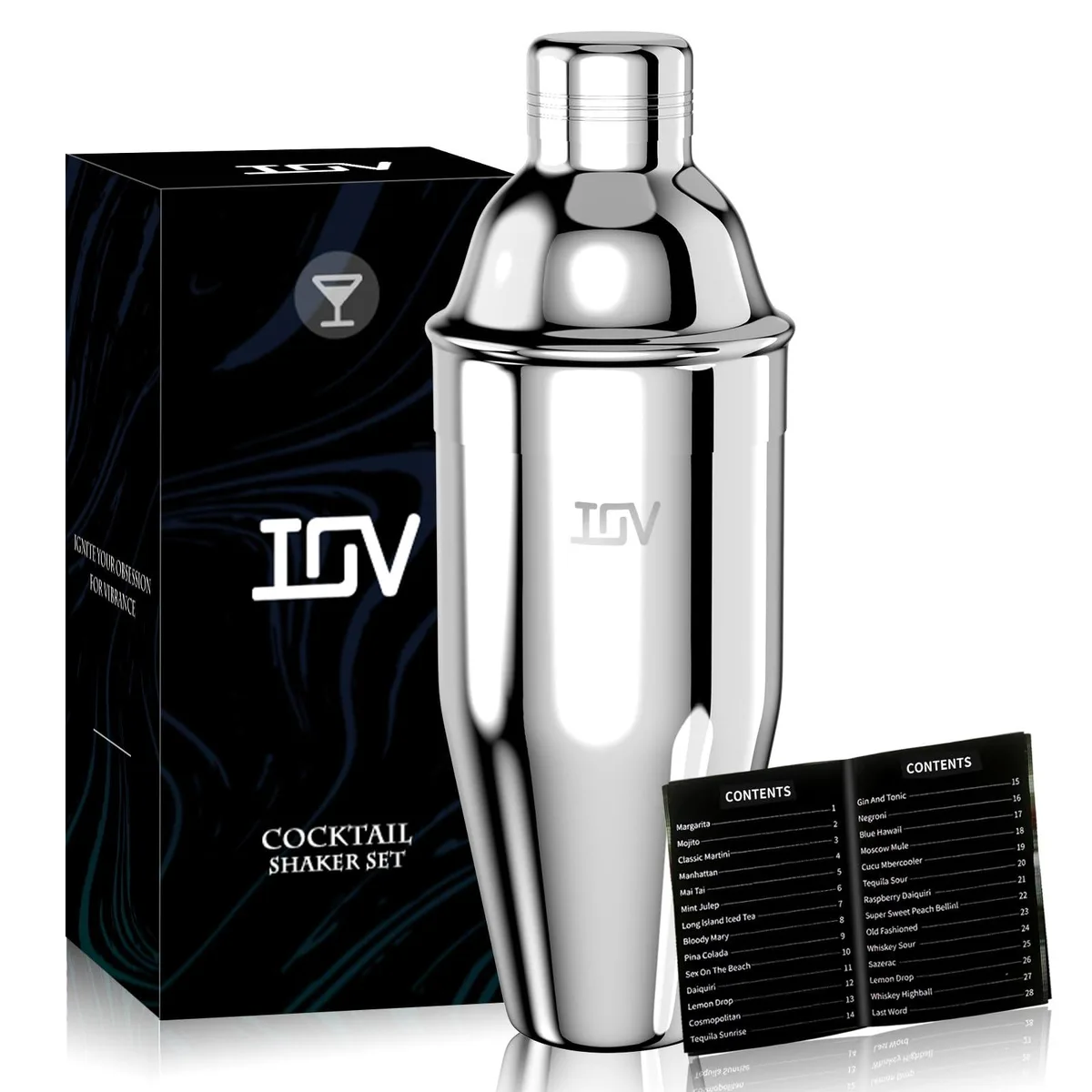 Black 12-piece stainless steel cocktail shaker set with floral design