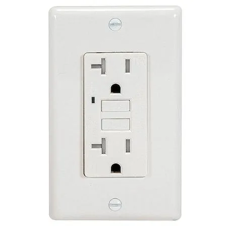 White flush-mount GFCI duplex receptacle with test and reset buttons
