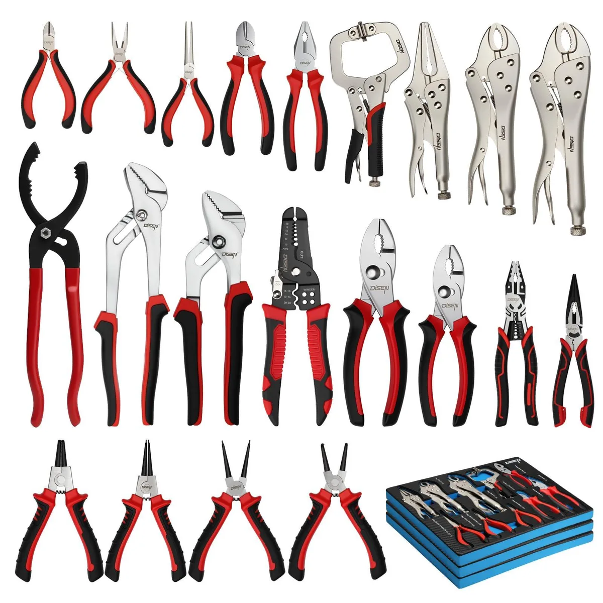 Red-black 21-piece pliers set in EVA foam tray with TPR handles