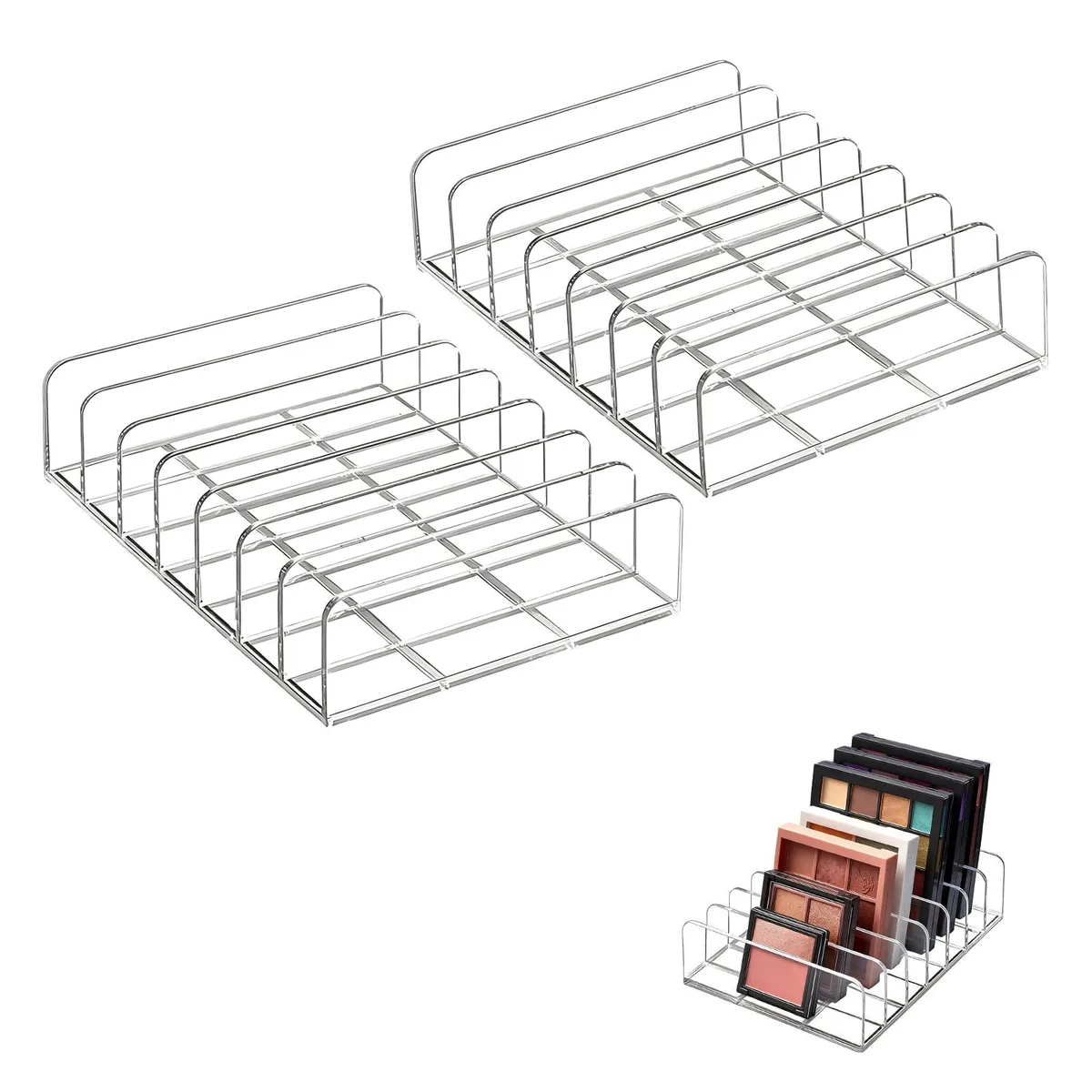 Two clear acrylic seven-slot makeup organisers, black finish, stackable design