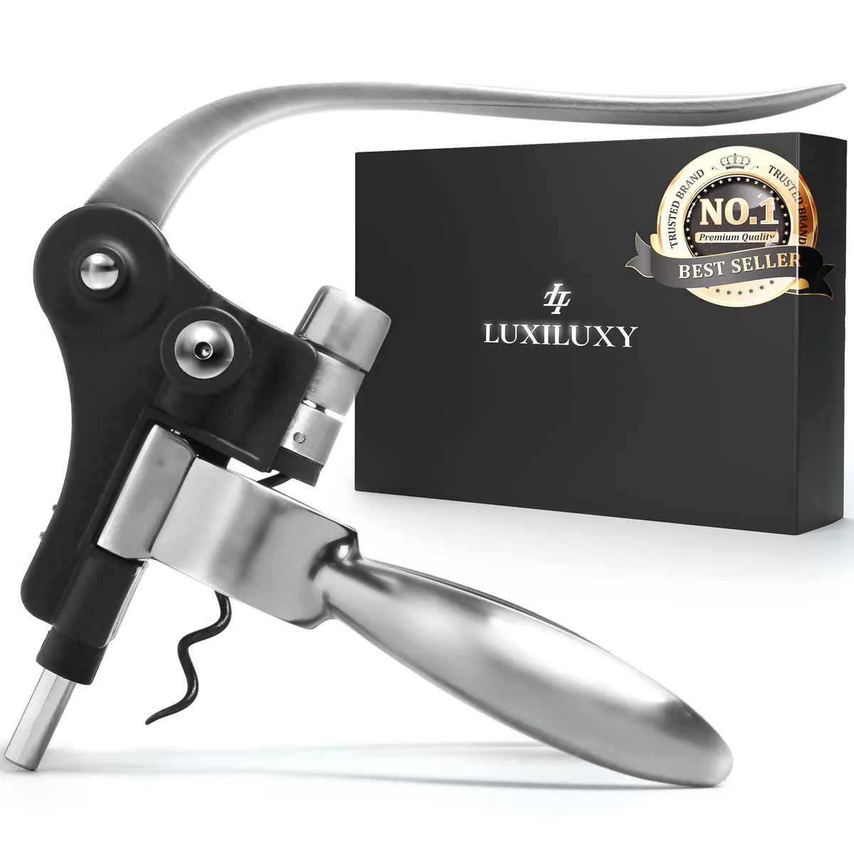 Silver stainless steel wine opener set in matte gift box with foil cutter, stopper, stand and extra spiral