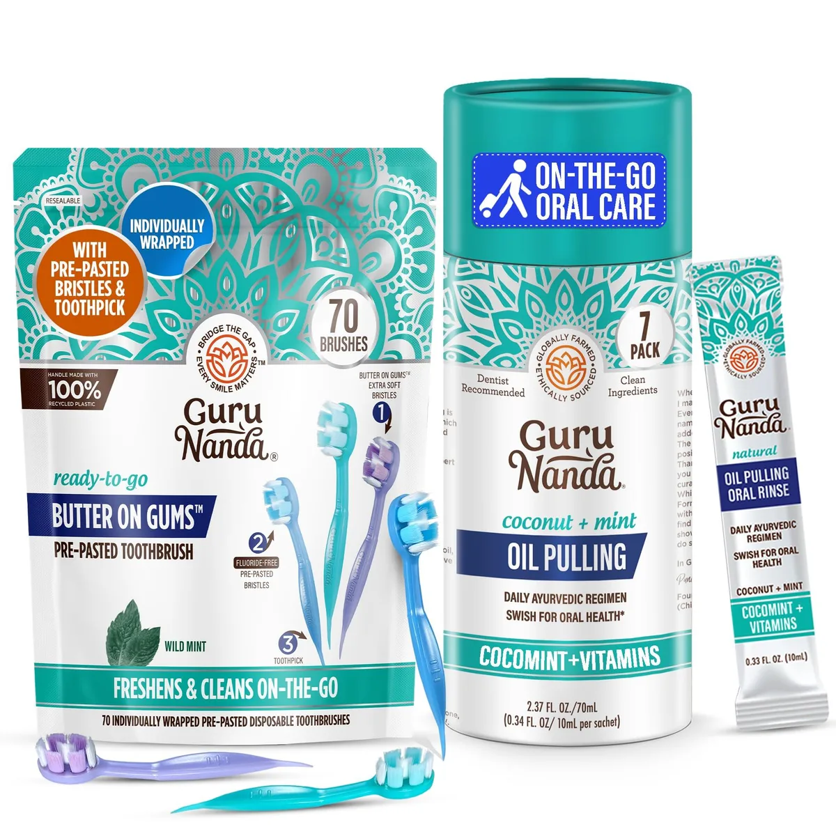 Bundle of 70 turquoise disposable toothbrushes and 7 sachets