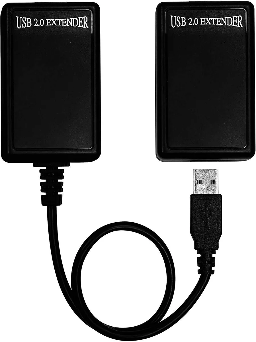 Black USB 2.0 extender kit with master and remote units, RJ45 ports, short attached cable
