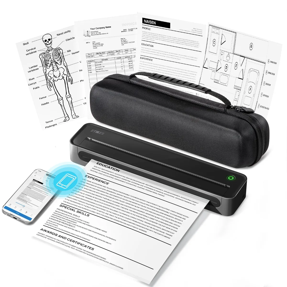 Black rectangular thermal label printer with travel case, 26.49 by 5.89 by 3.3 cm