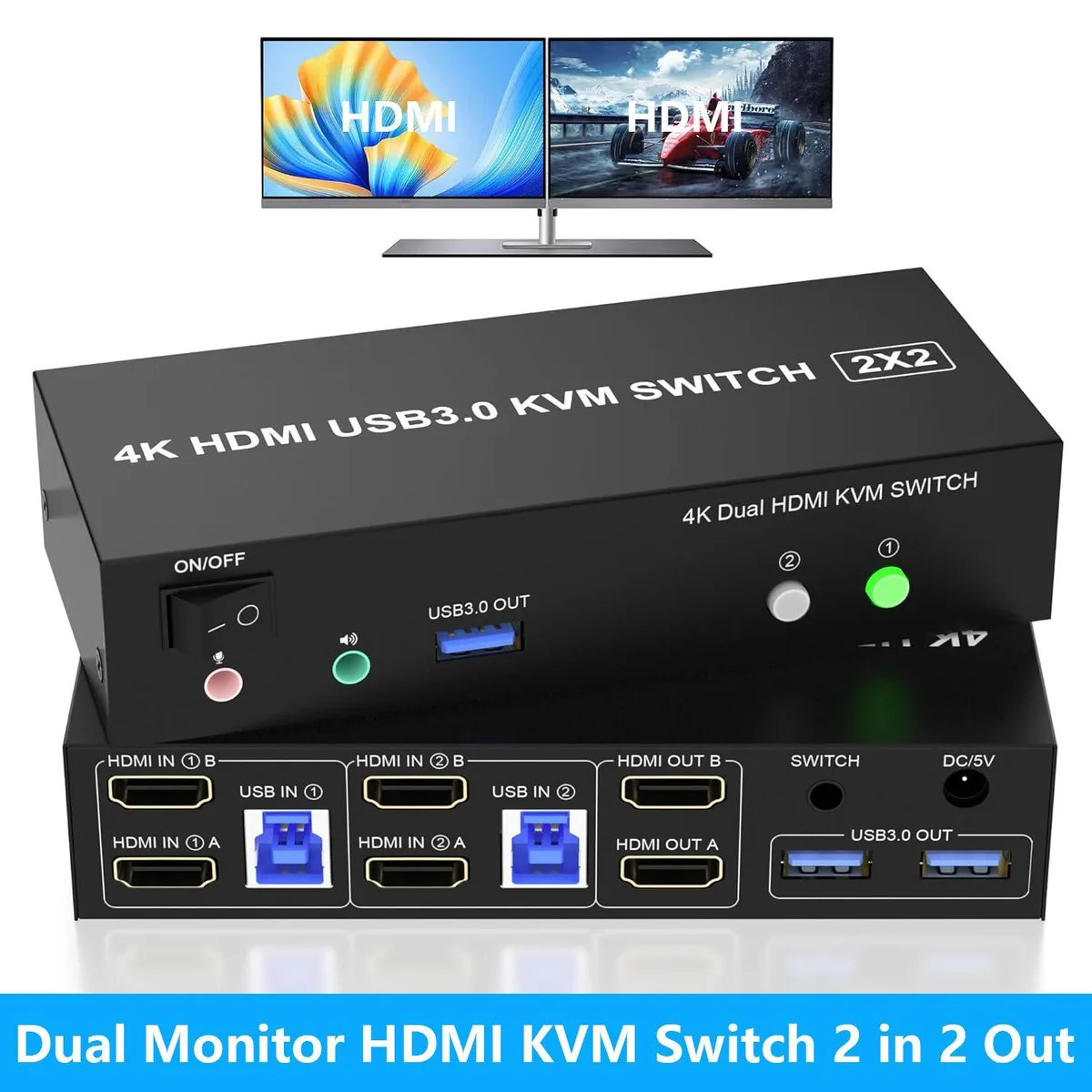 WRIARICH WRIARICH HDMI Dual Monitor KVM Switch 2 Computers 2 Monitors 4K@60Hz EDID USB 3.0 Audio — product photo